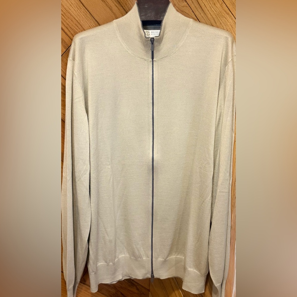 Brunello Cucinelli Cashmere Sweater Full Zip Beige Size 58 IT NIB